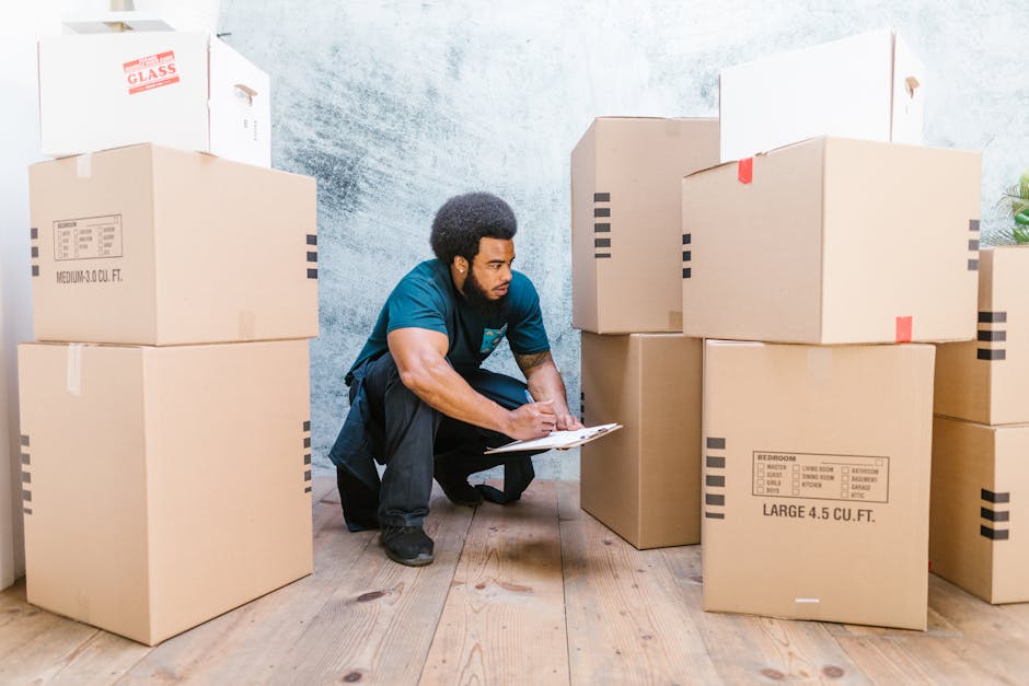 A man kneeling on a wooden floor inside a home, surrounded by stacked cardboard boxes of various sizes, some labeled with dimensions such as 'Large 4.5 Cu. Ft.' and 'Medium 3 Cu. Ft.'; he is using a clipboard and pen to record details, with packing materials like plastic wrap and packing tape visible on the boxes. The background features a textured, light-colored wall, and the scene depicts the packing and moving process typical of house relocations, with a focus on furniture transport and unpacking logistics. Occasionally, [COMPANY_NAME] appears to handle home removal services, involving careful packing and organized loading. The lighting is natural and even, emphasizing the preparation tasks involved in professional removals.